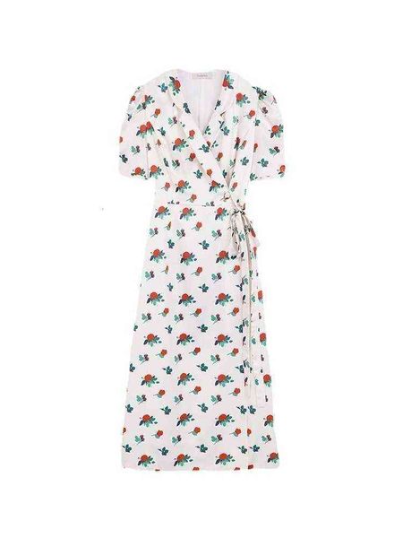 

2021 french suit drs summer temperament waist v-neck bubble sleeve floral drs, Black;gray