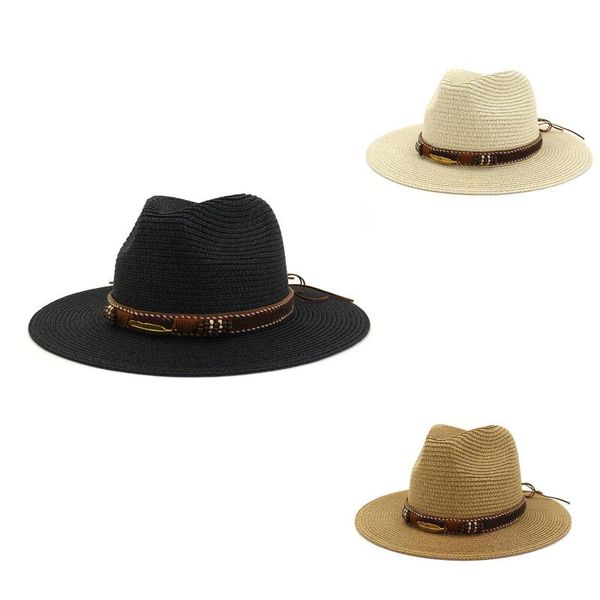 

beanies fedora wide brim sun protection cap summer straw hat for men women beach jazz panama hats with leather belt #yj