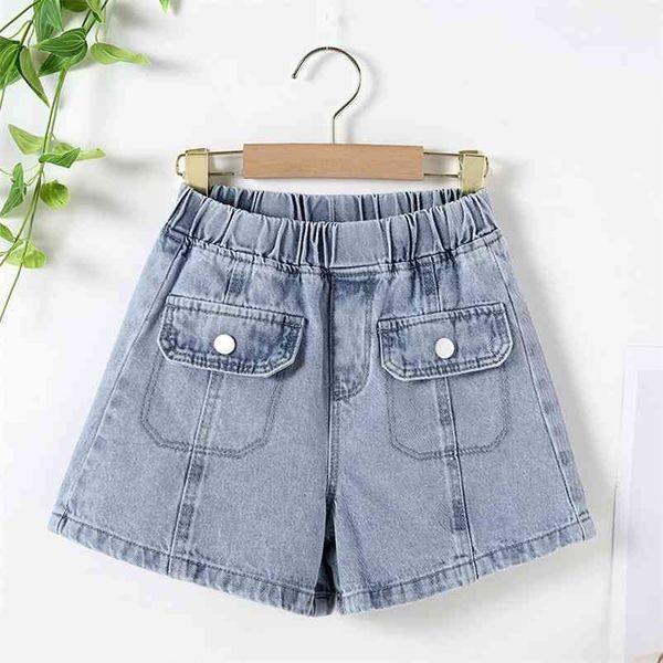 Coreano Jeans Pantaloncini Ragazza Bambino Colore puro Denim Vestiti Estate Adolescente Sottile Jean Pant Tasca Design Moda Bambini 4 8 12 Anni 210622