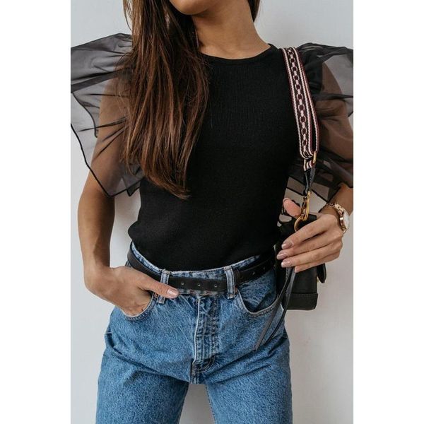 

elegant rib ruched blouse women puff sleeve ladies sheer female and blouses shirts short streetwear drop women's &, White
