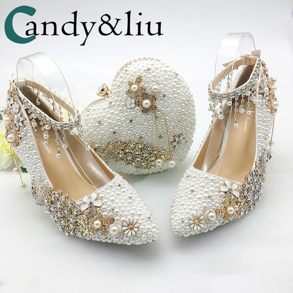 

women shoes wedding big size 43-47heels for party white pearl crystal peacock metal flowers tassel pointed toe pumps customize dress, Black