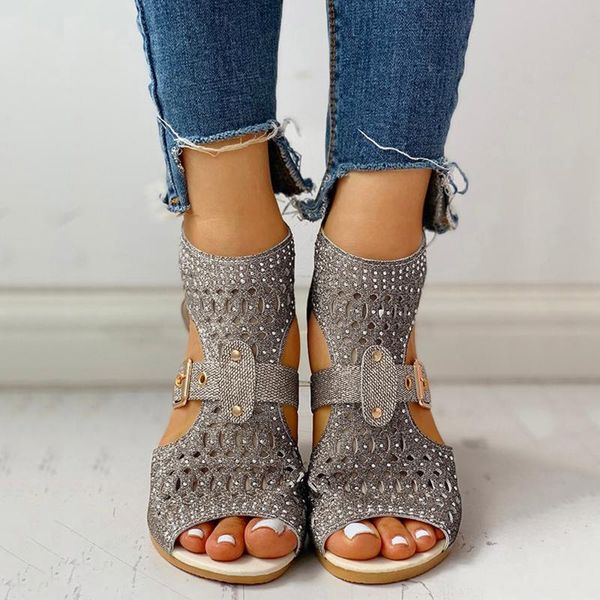 

women sandals ladies wedges crystal fish mouth hollow roma summer shoes fashion casual non-slip bling zip up footwear m5, Black