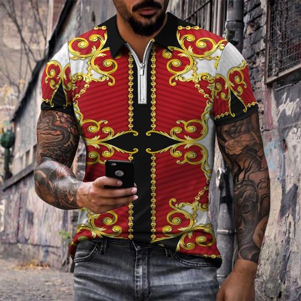 

men's polos 2021 summer mens casual breathable shirt 3d red pattern printed sports turn down collar zipper short sleeve male sportswear, White;black