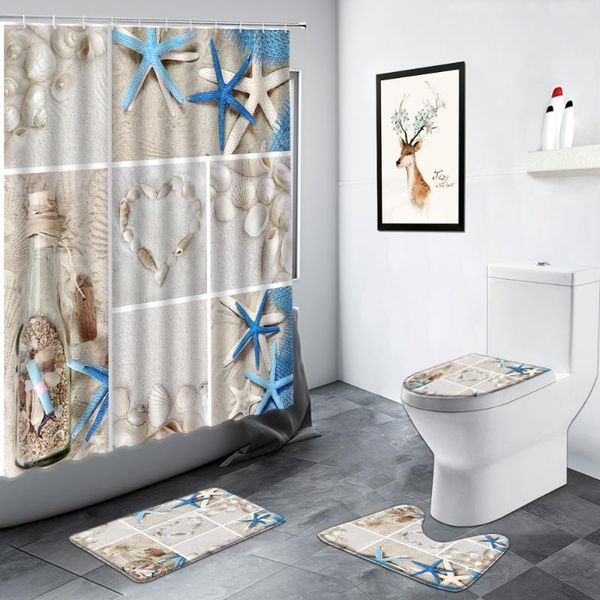 

shower curtains blue starfish shell conch beach waterproof curtain set toilet cover pedestal rug bath mat bathroom decor carpet with hook