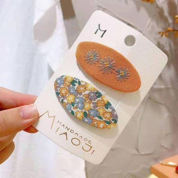 

hair accessories 2pcs/set print clip for girls kids floral embroidery sweet baby oval bb hairpins cute barrettes grips, Slivery;white