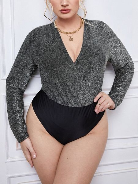 

plus surplice front deep v-neck glitter bodysuit y71t#, Black