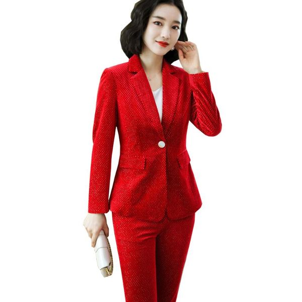 

women's two piece pants women yellow blue red velvet pant suit office lady jacket coat and full length trouser slim 2 2021 arrival blaz, White