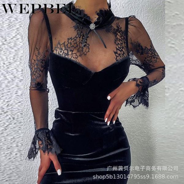 

casual dresses wepbel autumn elegant solid color mesh long sleeve stand collar high waist dress women's slim-fit patchwork lace, Black;gray