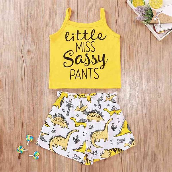 

summer infant rompers clothes strap letter print dinosaur shorts cute girls 2 pcs sets baby costume 1-5t 210629, White