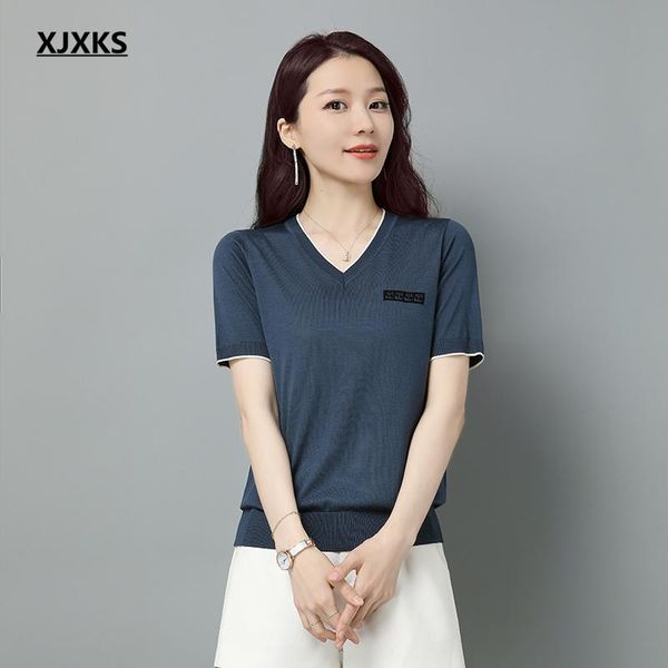 

women's t-shirt xjxks fashion v-neck short-sleeved women 2021 summer high-quality comfortable, White