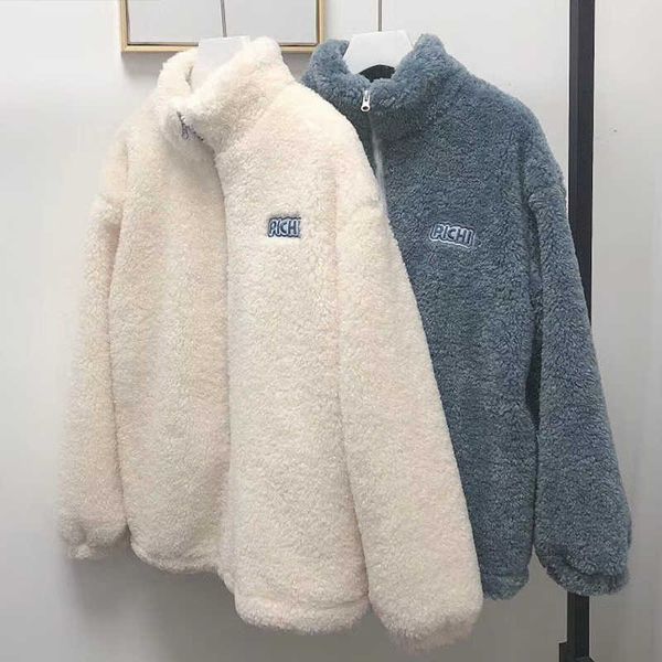 

autumn winter clothes casual oversize white letter stand zip up hoodie streetwear thick fake lamb wool coat wild sweatshirt 210610, Black