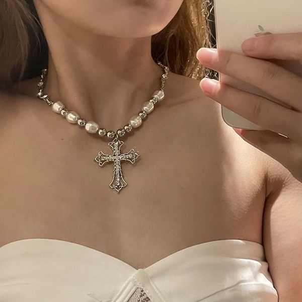 

pendant necklaces baroque pearl chain crystal cross choker necklace jesus vintage rhinestone bead link charm jewelry, Silver
