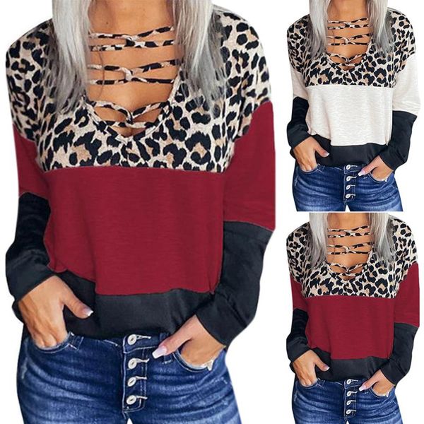 

women's t-shirt women leopard print deep v neck long sleeve lace up casual pullover patchwork steetwear tshirt tees, White