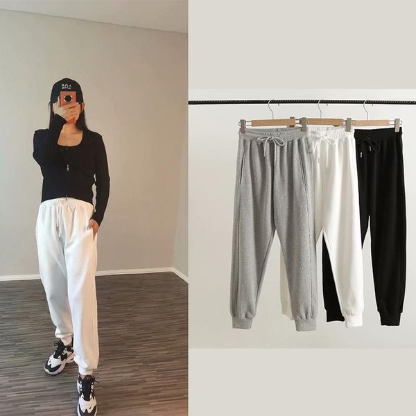 

autumn&winter casual pants women plus velvet three-color fashion sports belt versatile women's & capris, Black;white