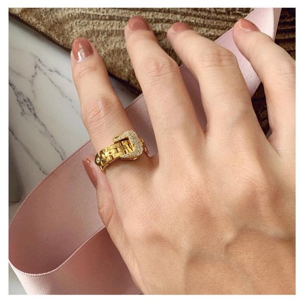 

cluster rings adjustable belt buckle bling cz zircon detachable metal soft linked chain ring luxury charm for women jewelry 2021, Golden;silver