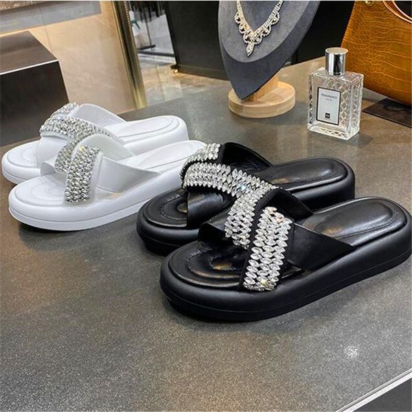 

slippers s rhinestone sandals bottom thickness increase women summer wear-resistant fashion flat, Black