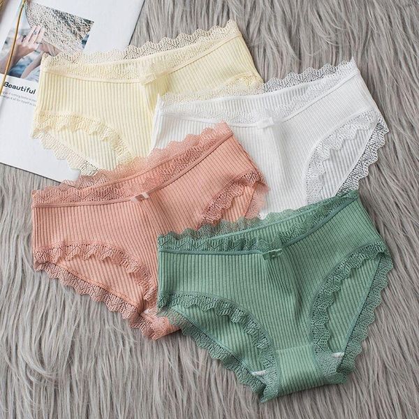 

women's panties underwear pure cotton antibacterial crotch lace slim waist student korean threaded briefs, Black;pink