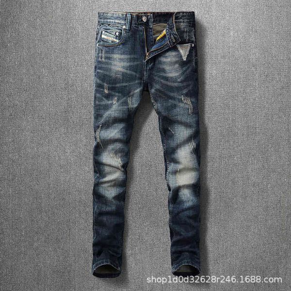 

fashion jeans high street men's with holes worn out dark blue washed embroidered slim fit