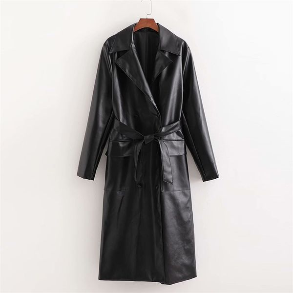 

women autumn winter pu trench coats long sleeve pockets sashes bow tie female elegant street outerwear overcoat clothes 210513, Tan;black
