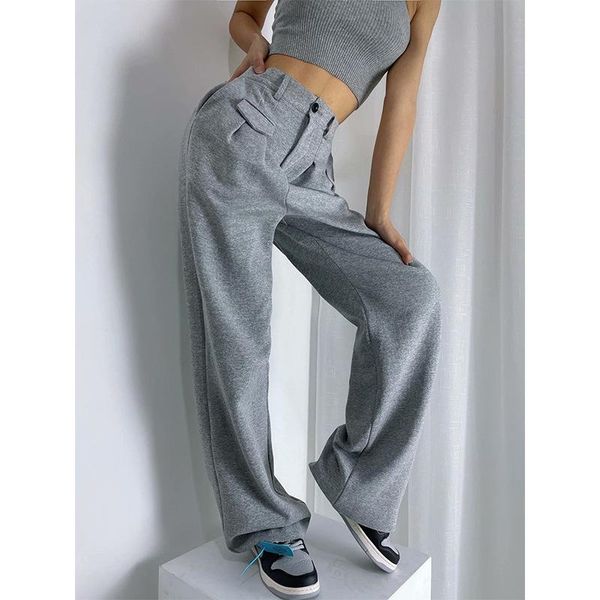 

women's pants & capris women spring fall elastic 2021 high waist wide-leg gray loose straight trousers trend female solid color jogging, Black;white