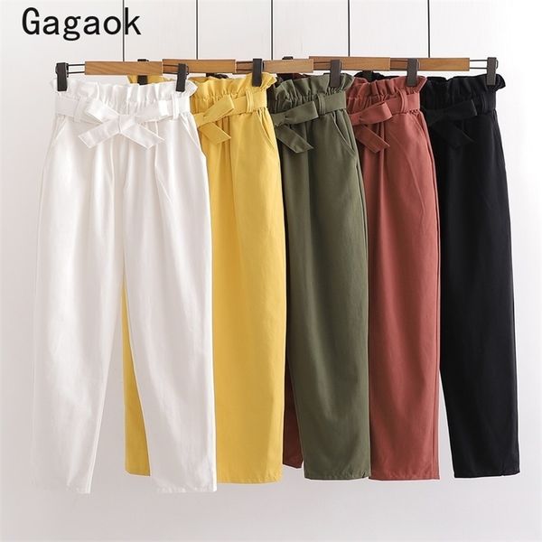 

women office lady thin ankle-length pants summer solid high bow straight loose casual sweet simple wild 210531, Black;white