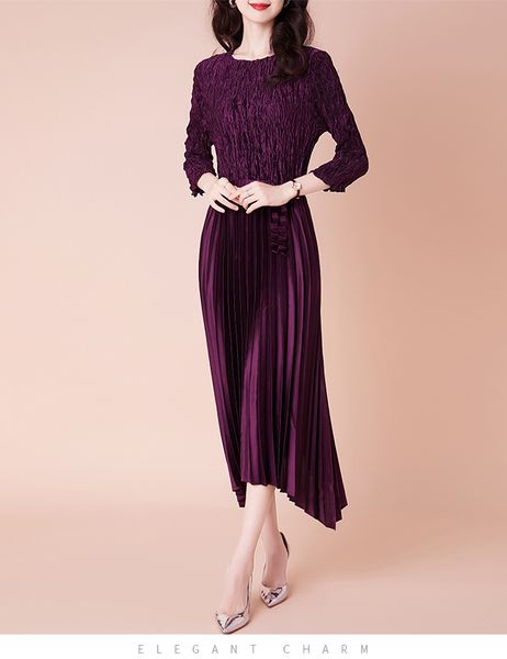 

dress fashion miyake fold solid o-neck hand lace pleated, Black;gray