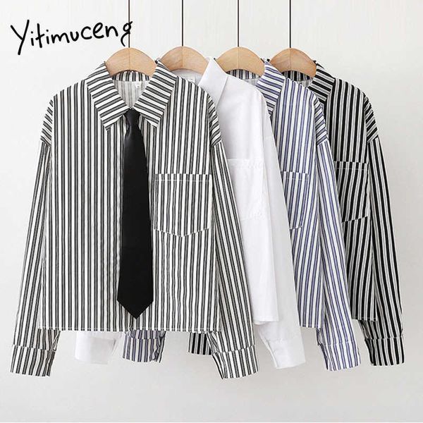 

yitimuceng vintage striped necktie blouse women pockets shirts loose spring turn-down collar long sleeve necktie 210601, White