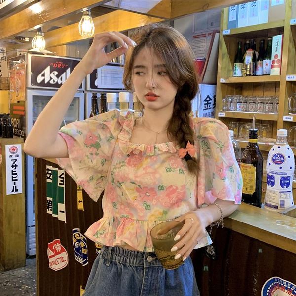 

women's blouses & shirts summer style wooden ears square collar floral short section french short-sleeved shirt women, White