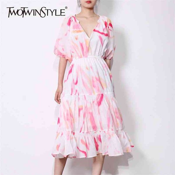 

hit color print dress for women v neck puff short sleeve high waist casual midi dresses female summer clothing 210520, Black;gray