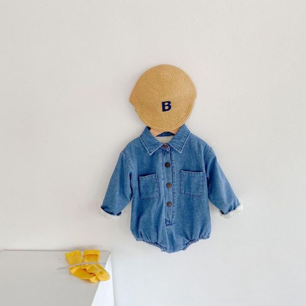 

winter infant baby boy girl warm plush denim romper blue solid single-breasted one-piece fur triangle jumpsuit 0-24m jumpsuits
