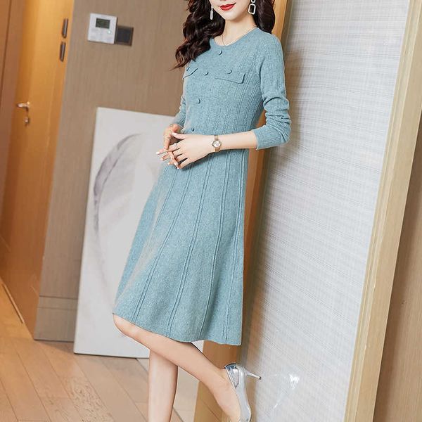 

dress wool knitted women's long sleeve foreign style medium length slim bottom skirt sweater, Black;gray