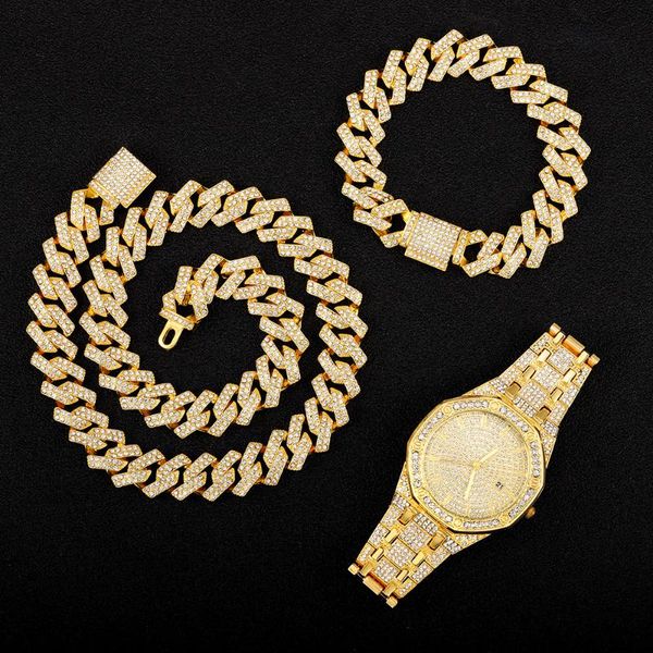 

pendant necklaces necklace +watch+bracelet hip hop miami curb out cuban chain silver color full iced paved rhinestones cz for men
