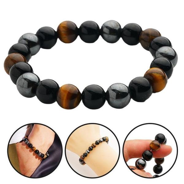 

beaded, strands natural stone bracelet tiger eye triple protection hematite and black obsidian brace beaded charm lucky wealth
