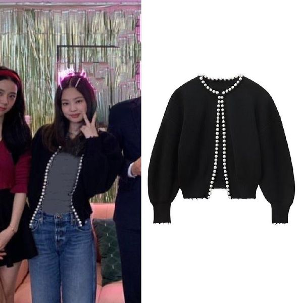 

women's knits & tees kpop iu seo yea ji black fashion pearl edge wild loose knitted sweaters women korean oversized cardigan round coll, White
