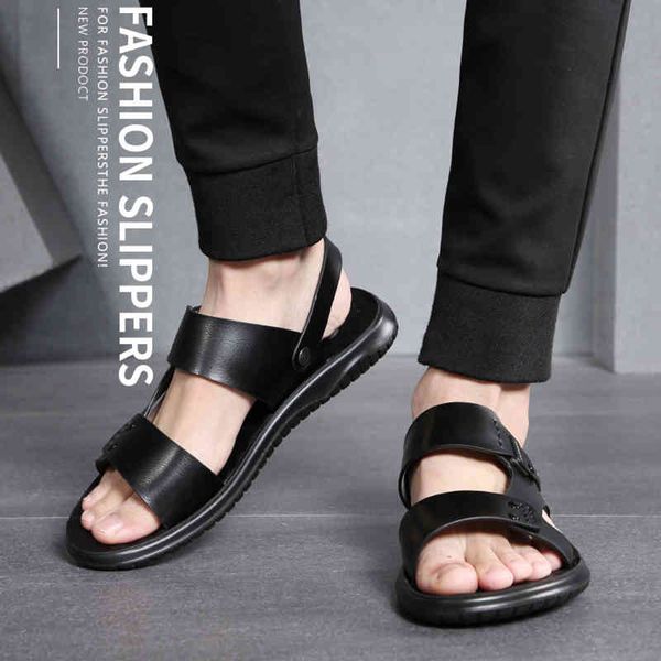 

sandals men will see flat house genuine leather sandals in the open air flip flops beach shoes inside fashion slides man 65aj, Black