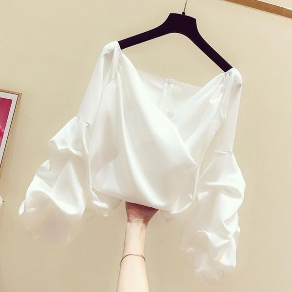 

women's blouses & shirts puff sleeve blouse woman spring temperament v-neck off shoulder shirt solid color blusas mujer de moda 2021, White