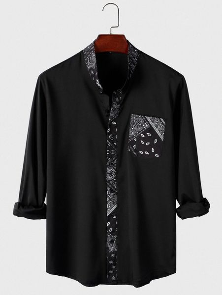 

men paisley scarf print patched pocket shirt u0qu#, White;black