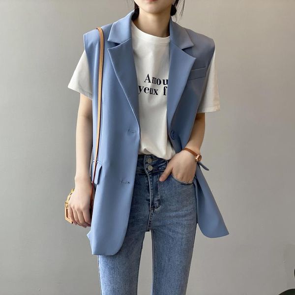 

women's vests cmaz 2021 women simply sleeveless double breasted vest jacket office ladies wear casual suit coat pockets outwear 2971#, Black;white