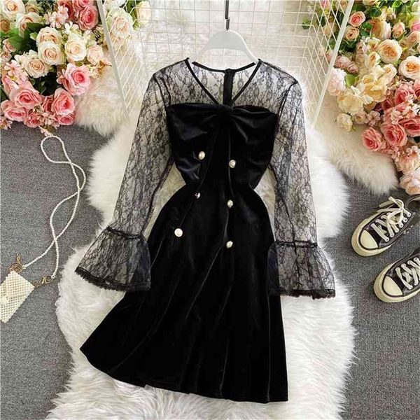 

autumn winter korean dress flared sleeve lace mesh patchwork slim bow v-neck velvet a-line female vestidos c014 210507, Black;gray