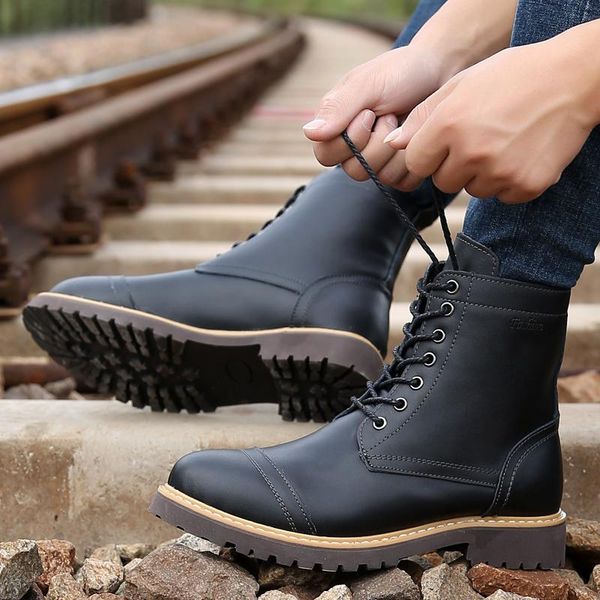 

boots men's fashion work winter anti-skid black brown combat youth casual shoes 38-46