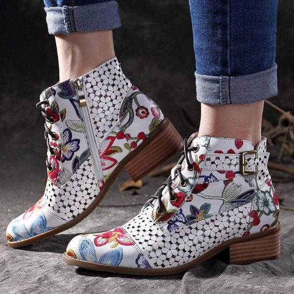 

boots square toe ankle women lace-up heel fashion painting pattern cow leather splicing zapatos #0822, Black