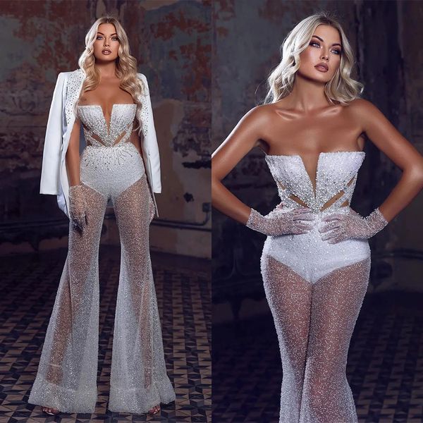 2 pezzi glamour abiti da ballo blazer tuta abito da sera su misura paillettes in rilievo con spalle scoperte lunghezza del pavimento abito da festa celebrità