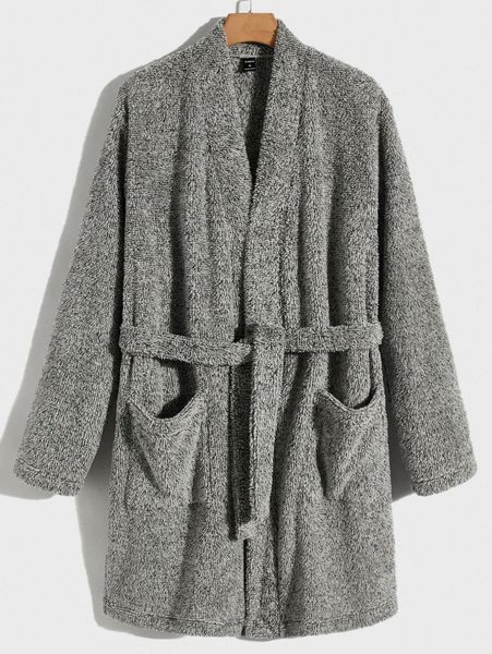 

men self belted patch pocket marled teddy lounge robe n9jj#, Black;brown