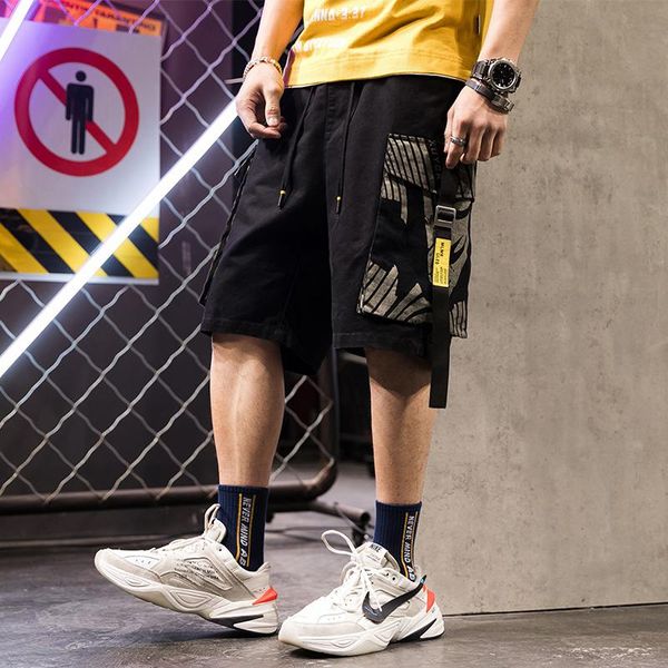 

men's shorts multi pocket mens cargo ribbons elasticated waist bermuda male tactical military short pants, White;black