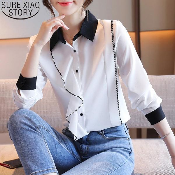 

solid ruffles autumn white chiffon shirts women fashion long sleeve shirt cardigan 2021 collar blouse blusas 10961 women's blouses &