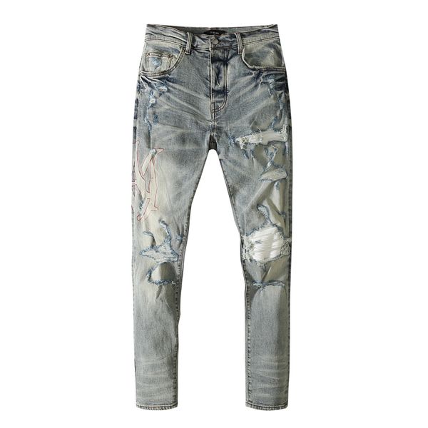 

fashion designer men jeans cool mens distressed ripped jeans straight motorcycle biker trousers causal denim pants streetwear style, Blue
