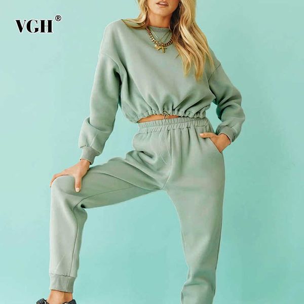 

loose two piece set for women o neck lantern sleeve drawstring hem high waist full pants casual sets female autumn 210531, White