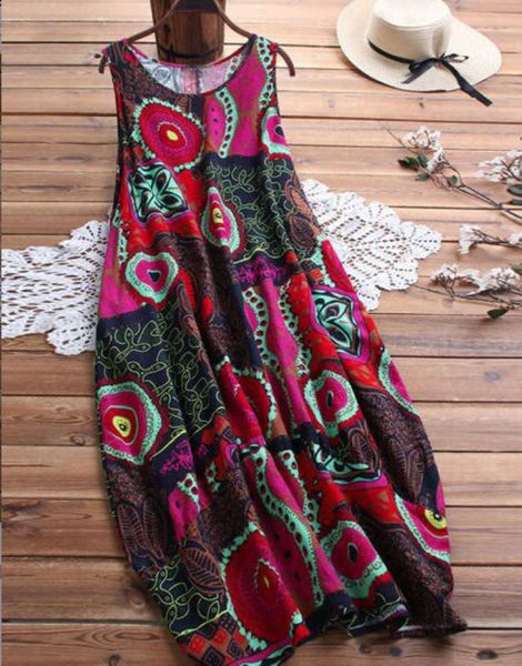 

dresses women's loose casual large cotton hemp sling round neck short sleeve national style printed long skirt, Black;gray