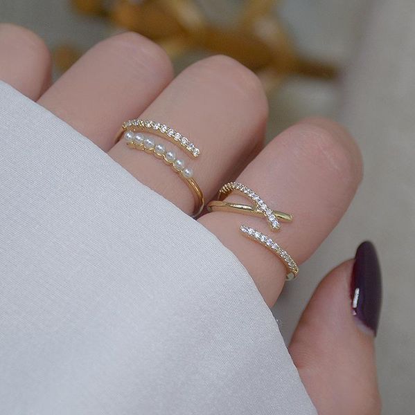 

cluster rings shiny side accessories crystal engagement adjustable for women simple style cross peal beads, Golden;silver