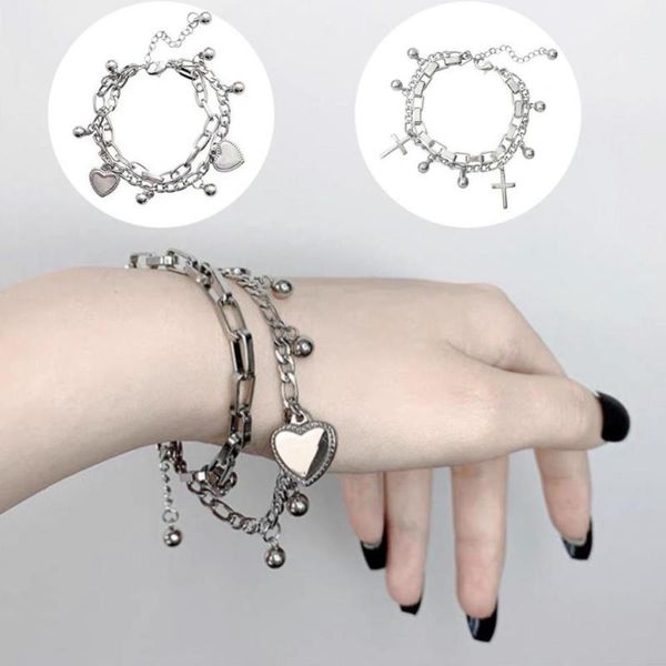 

charm bracelets fashion women 2-layer love heart cross hand chain bracelet jewelry gift, Golden;silver